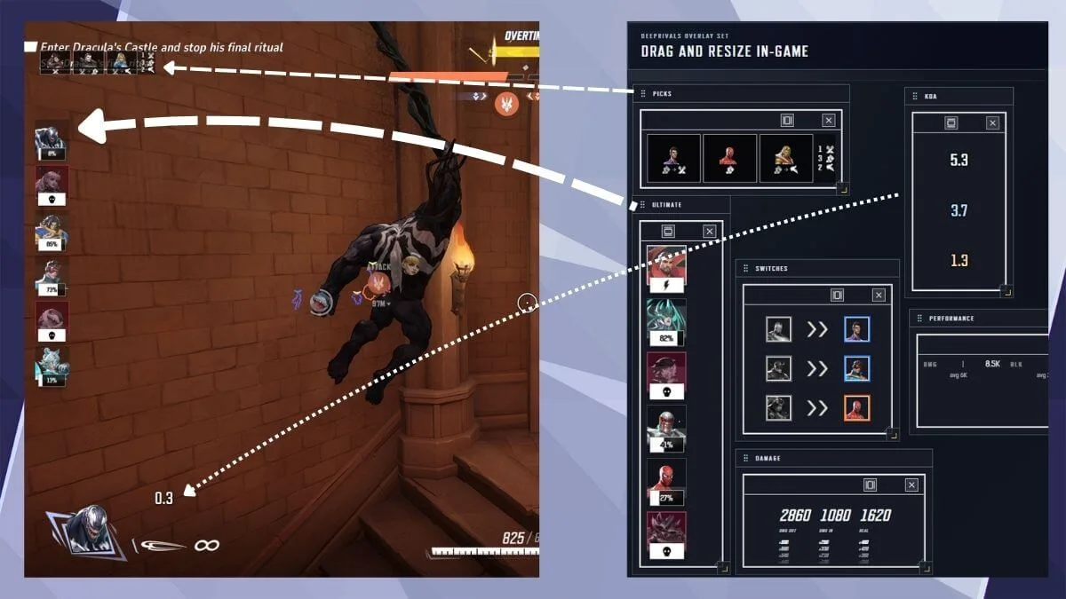 DeepRivals in-game overlays beside the Picks, Ultimate, Switches and performance panels
