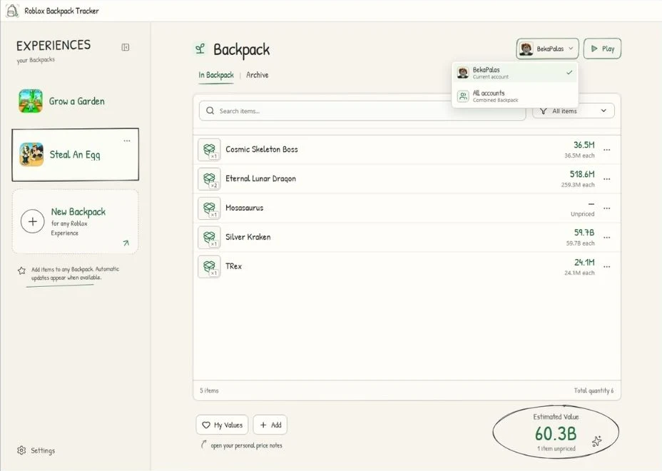 Roblox Backpack Tracker with Experience navigation, account selector, item quantities, personal values and Archive tab